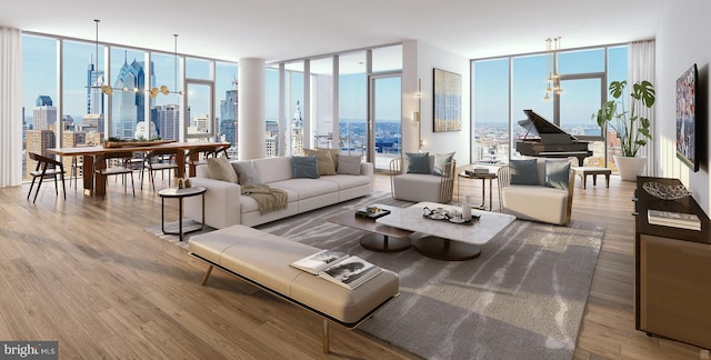 living room featuring expansive windows and wood-type flooring