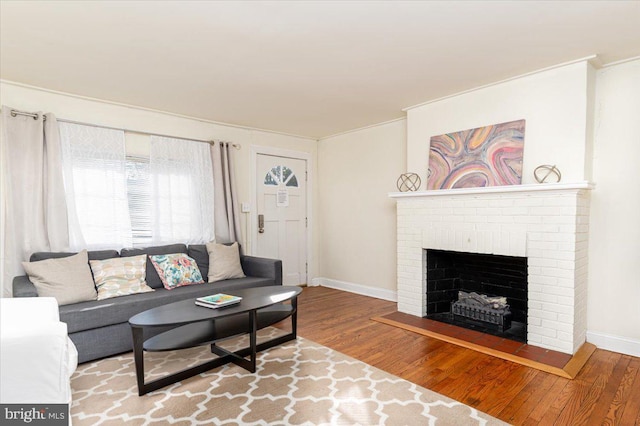 living room featuring hardwood / wood-style flooring and a fireplace