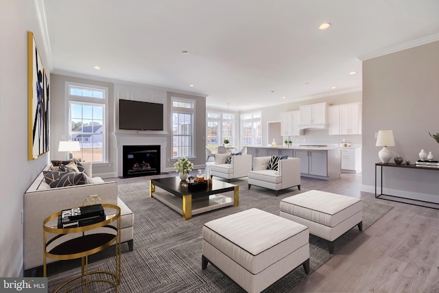 living room with ornamental molding and hardwood / wood-style flooring