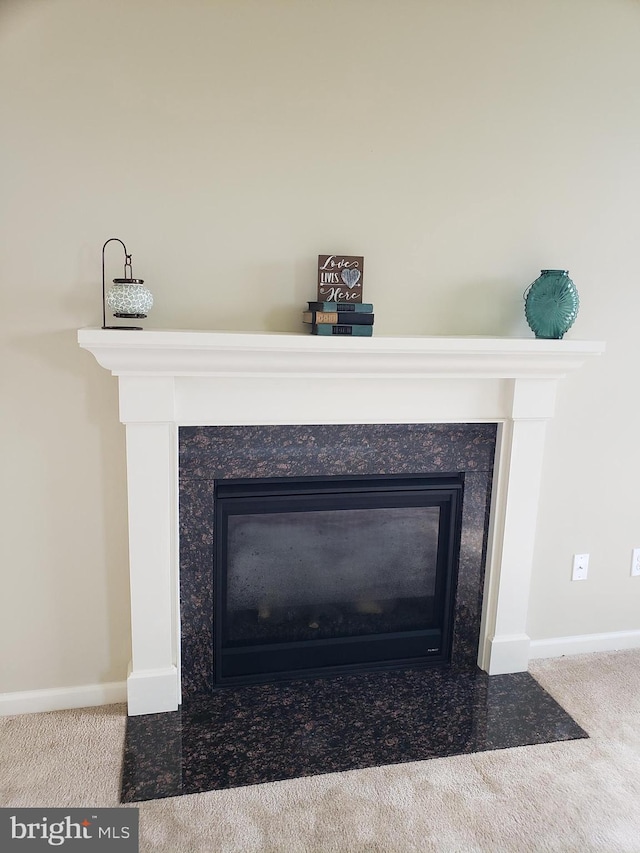 interior details featuring a premium fireplace and light colored carpet