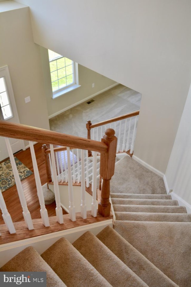 staircase featuring light colored carpet