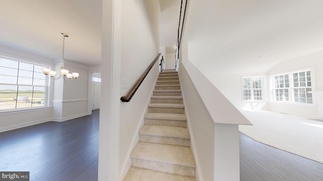 stairs featuring an inviting chandelier and dark hardwood / wood-style flooring