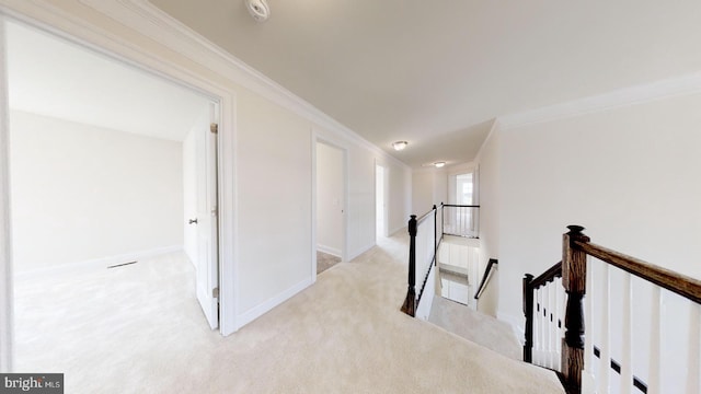 hall with light carpet and ornamental molding