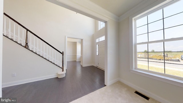 foyer with crown molding and dark hardwood / wood-style floors