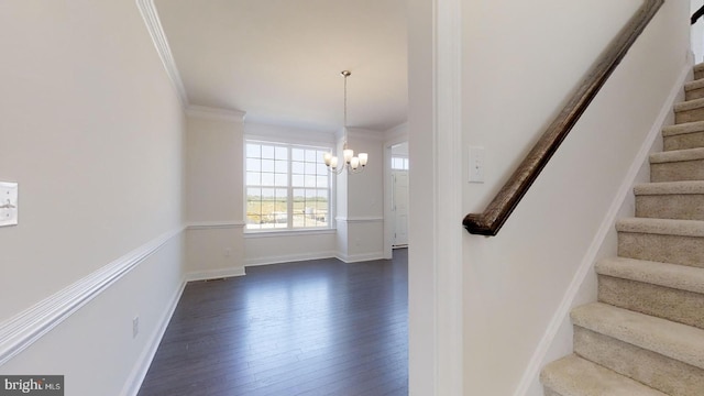 entryway featuring dark hardwood / wood-style flooring, crown molding, and a chandelier