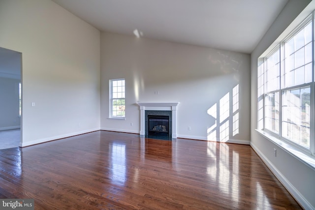 unfurnished living room featuring high vaulted ceiling and dark hardwood / wood-style flooring