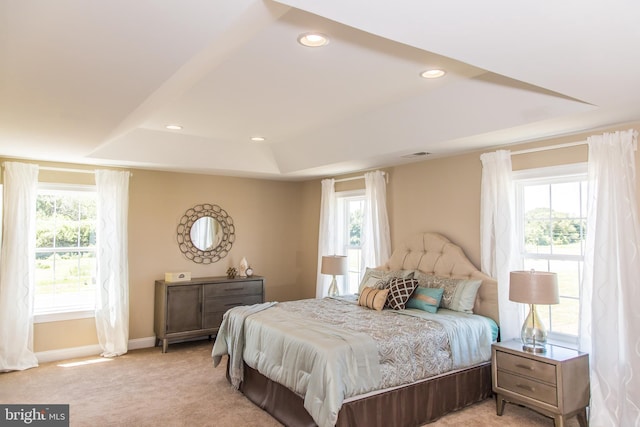 bedroom featuring multiple windows and light colored carpet