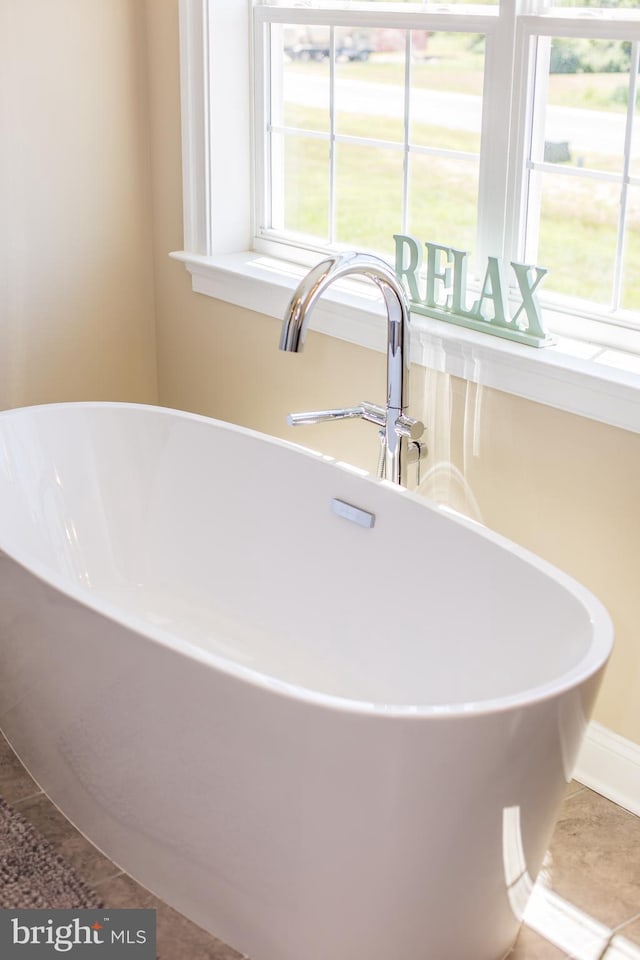 details featuring tile flooring, a bath to relax in, and sink