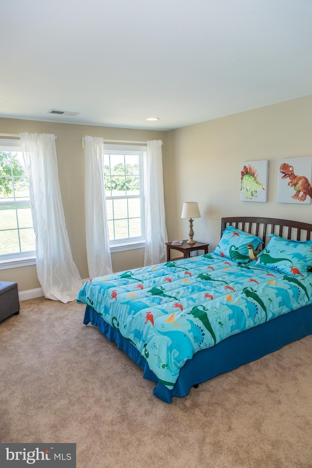 carpeted bedroom featuring multiple windows