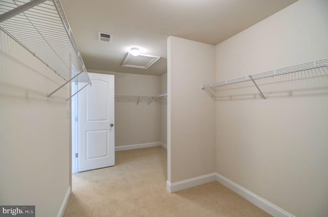 spacious closet featuring light carpet