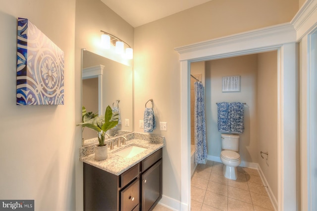 full bathroom with toilet, tile flooring, shower / bath combo, and vanity