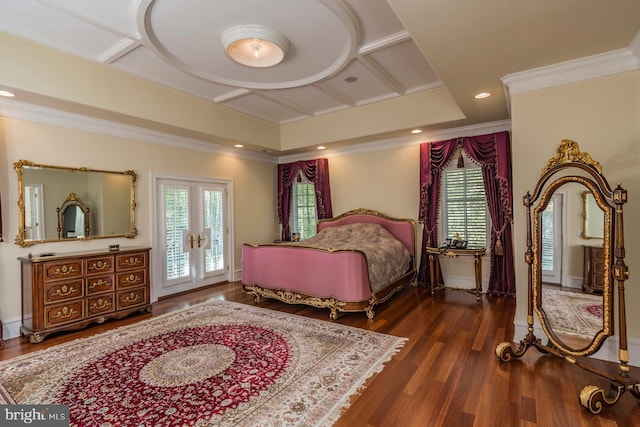 bedroom with access to outside, dark hardwood / wood-style floors, french doors, and coffered ceiling