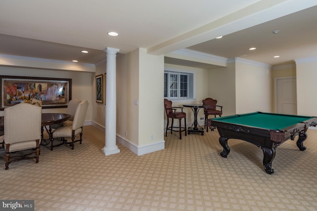 game room featuring billiards, ornate columns, and ornamental molding