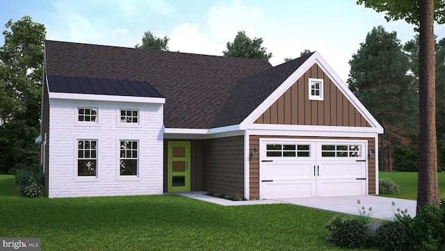 modern farmhouse style home with board and batten siding, a standing seam roof, metal roof, a garage, and a front lawn