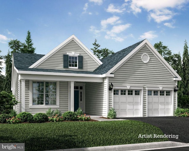 view of front of property featuring a porch, a front lawn, and a garage