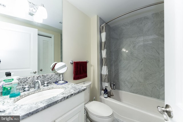 full bathroom with shower / bath combination with curtain, toilet, and oversized vanity