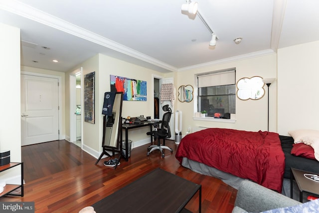 living room featuring ornamental molding and dark hardwood / wood-style floors