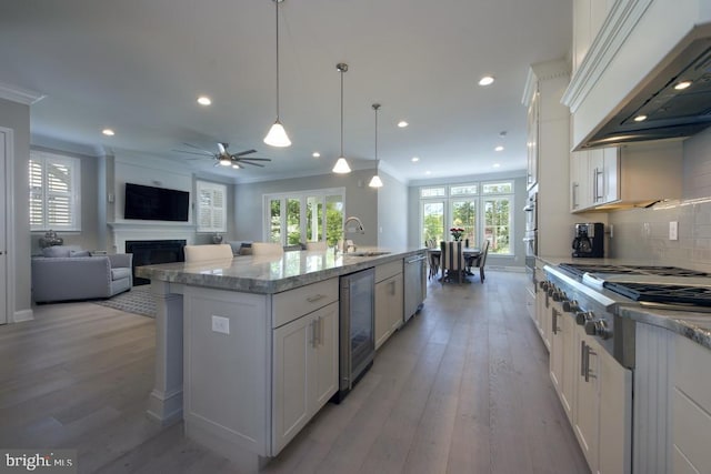 kitchen with white cabinets, backsplash, light hardwood / wood-style flooring, and custom range hood