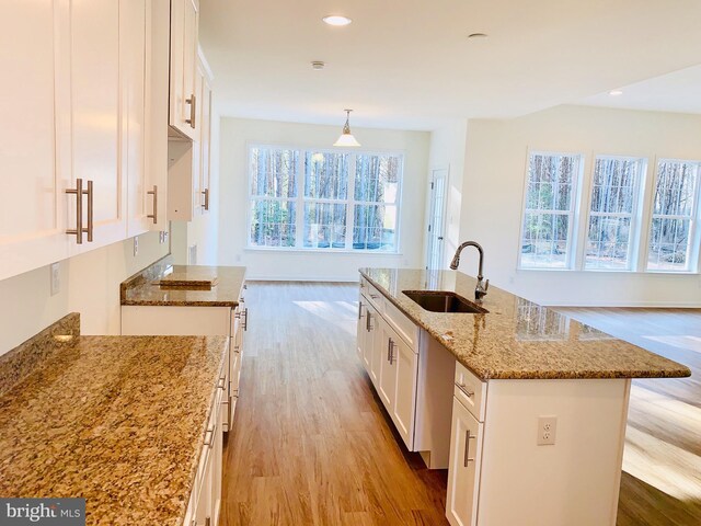 kitchen featuring light stone countertops, a kitchen island with sink, light hardwood / wood-style flooring, white cabinets, and pendant lighting