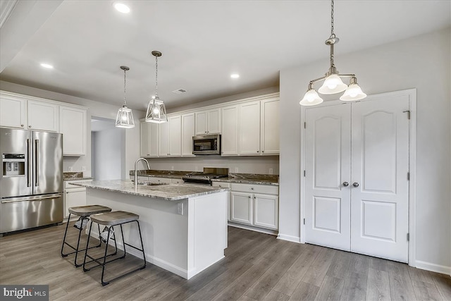 kitchen featuring hanging light fixtures, light hardwood / wood-style floors, and stainless steel appliances