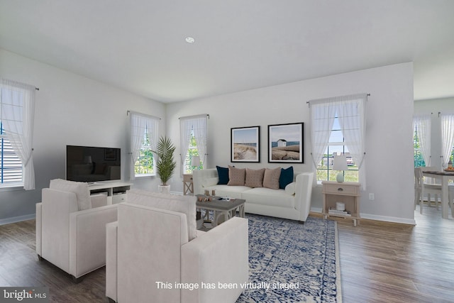 living room featuring dark hardwood / wood-style floors and a wealth of natural light