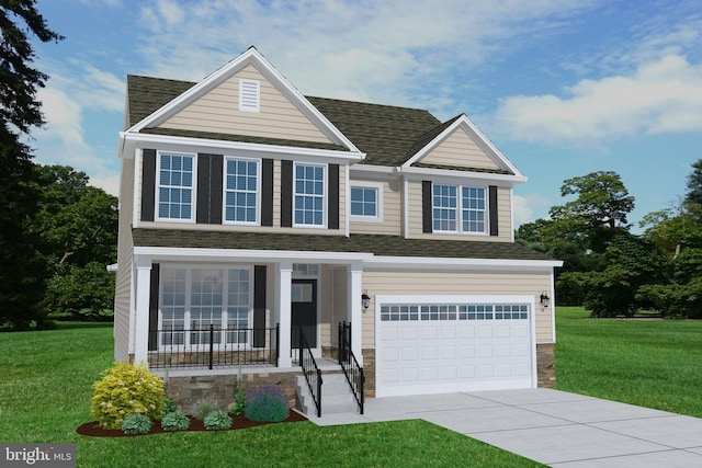 view of front of house featuring a front yard, covered porch, and a garage