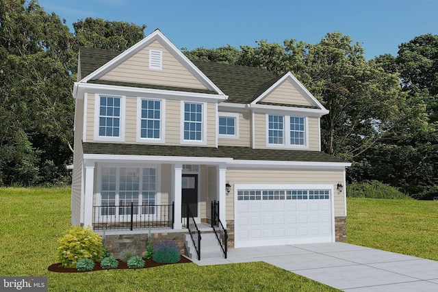 view of front of property with a porch, a front lawn, and a garage