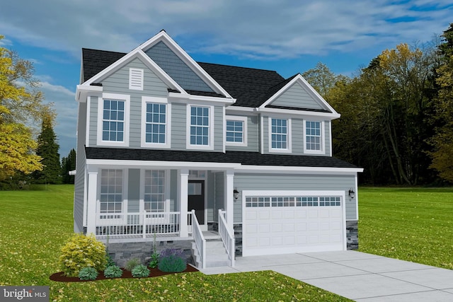 view of front of house with a front yard, a porch, and a garage