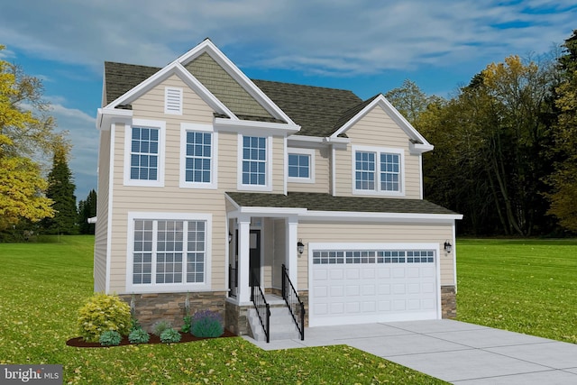 view of front facade featuring a front yard and a garage