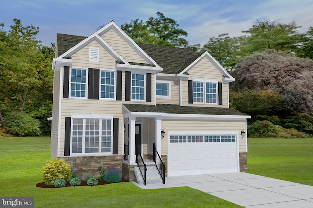 view of front facade featuring a front lawn and a garage