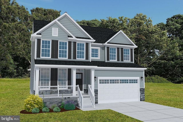 view of front facade featuring covered porch, a front lawn, and a garage