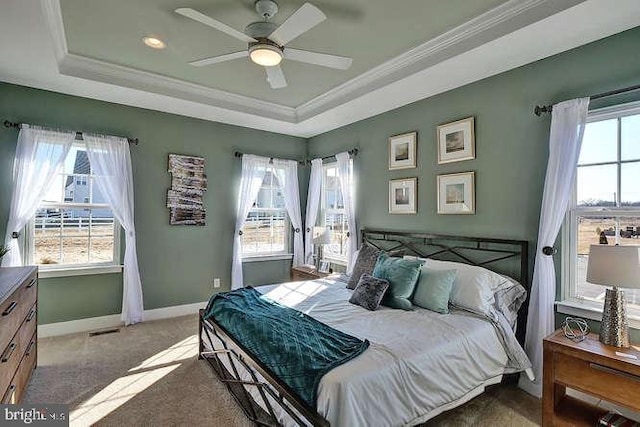 bedroom with ceiling fan, carpet, and a tray ceiling