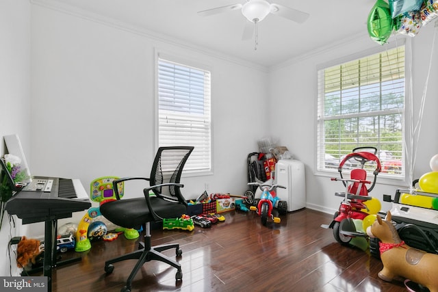 game room featuring ceiling fan, ornamental molding, dark hardwood / wood-style floors, and a healthy amount of sunlight