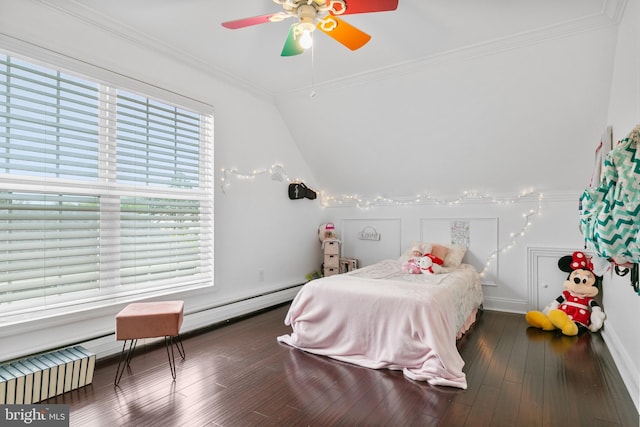 bedroom with ornamental molding, ceiling fan, and dark hardwood / wood-style flooring