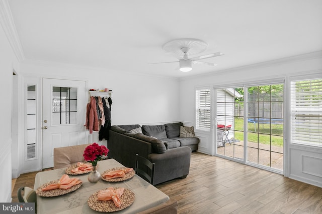 living room with ceiling fan, light wood-type flooring, and ornamental molding