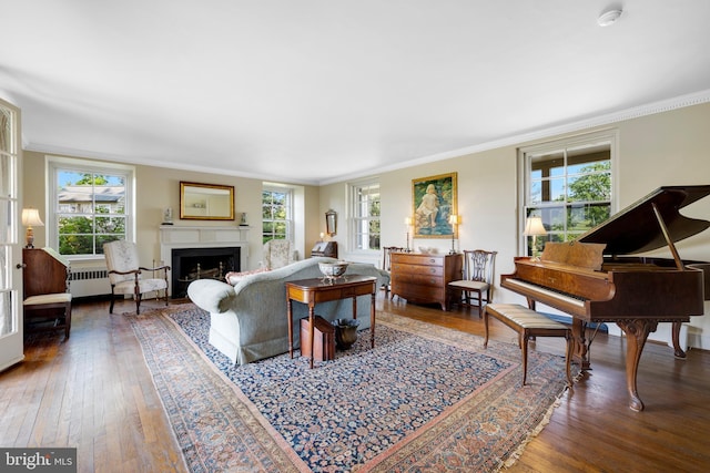 living room with dark wood-type flooring, ornamental molding, and a healthy amount of sunlight