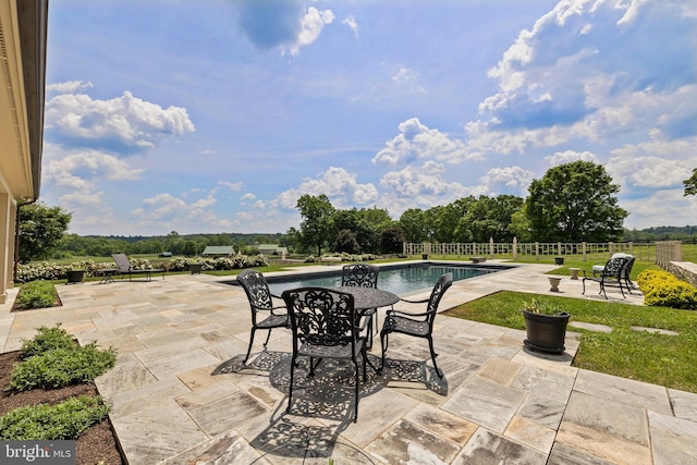 view of terrace featuring a fenced in pool