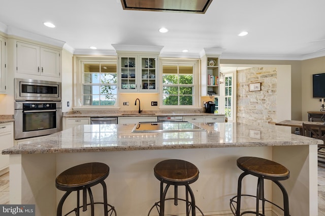 kitchen with crown molding, light stone countertops, stainless steel appliances, and sink