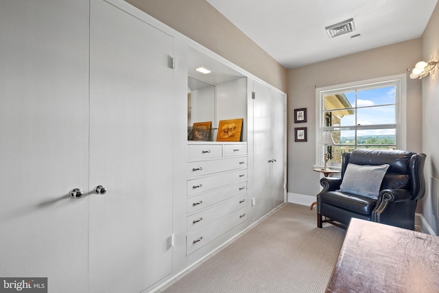 sitting room with light colored carpet