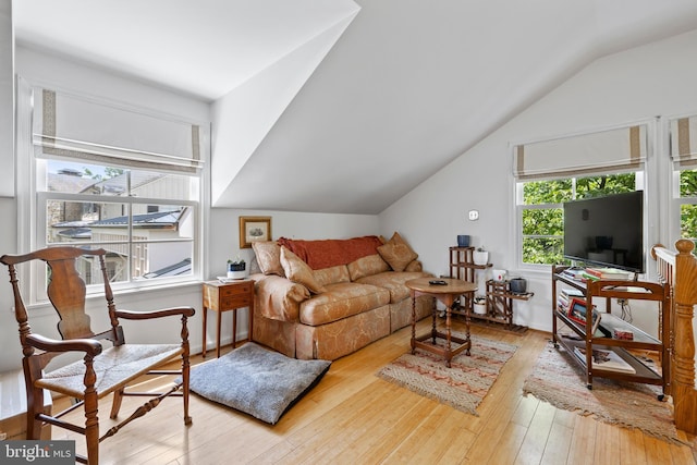 living room featuring lofted ceiling and light wood-type flooring