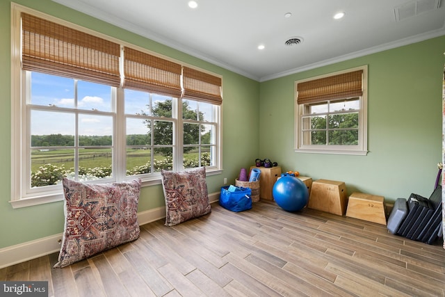 exercise area featuring crown molding and light hardwood / wood-style flooring