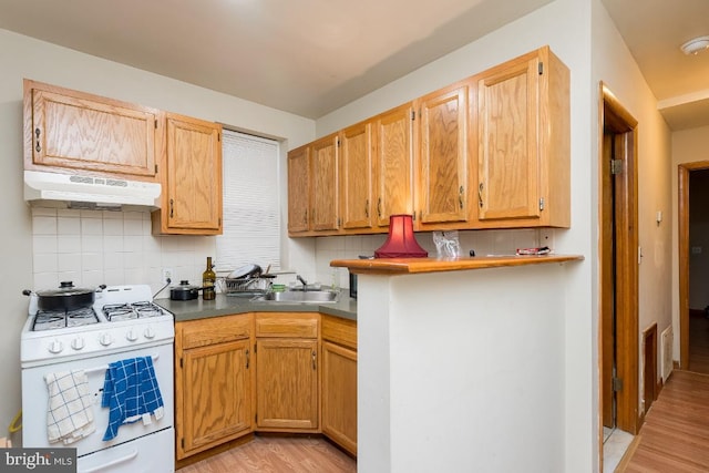 kitchen featuring sink, tasteful backsplash, white range with gas cooktop, and light hardwood / wood-style floors