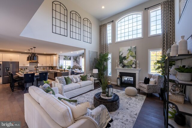 living room featuring dark hardwood / wood-style flooring and a towering ceiling