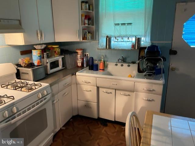 kitchen with tasteful backsplash, white cabinets, custom exhaust hood, white appliances, and sink