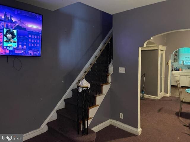 staircase with dark colored carpet