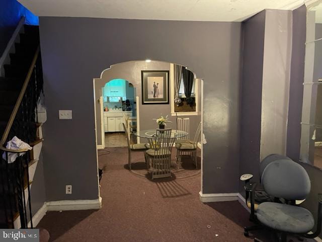 interior space with dark colored carpet