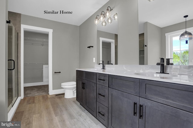 bathroom featuring toilet, double sink, vanity with extensive cabinet space, hardwood / wood-style floors, and a shower with door