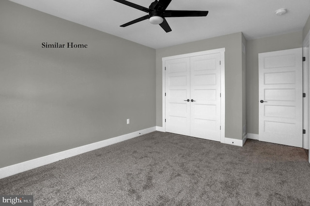 unfurnished bedroom featuring a closet, ceiling fan, and dark carpet