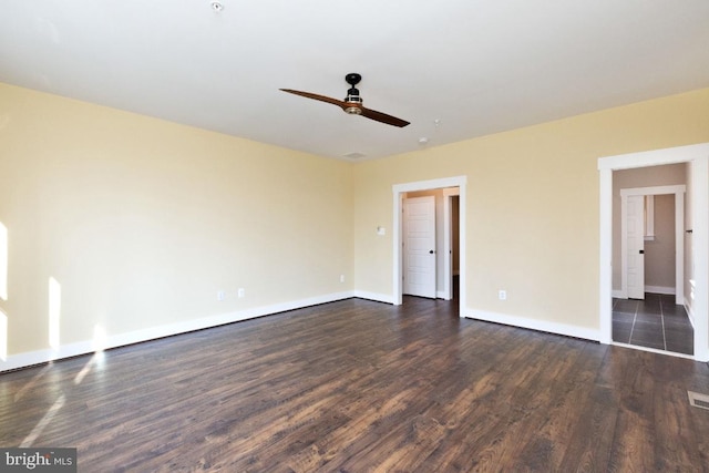 empty room featuring ceiling fan and dark wood-type flooring