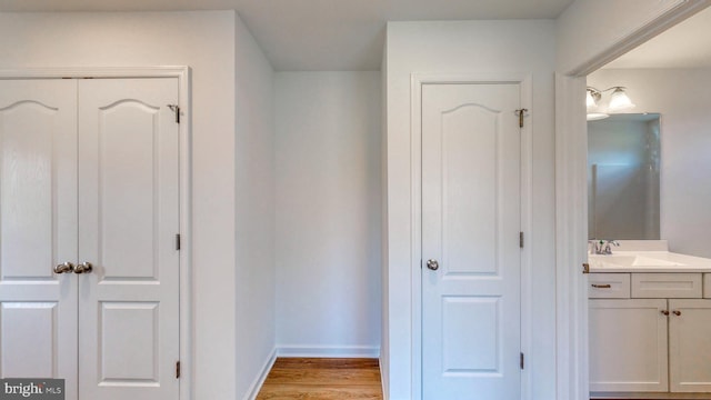 interior space featuring vanity and hardwood / wood-style floors